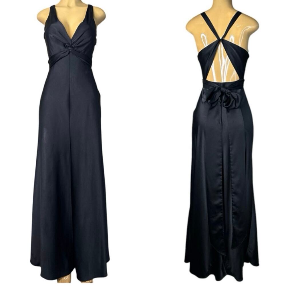 BCBGMAXAZRIA Black Satin Gown Sleeveless Maxi Dress Twist Cutout Back Size 6